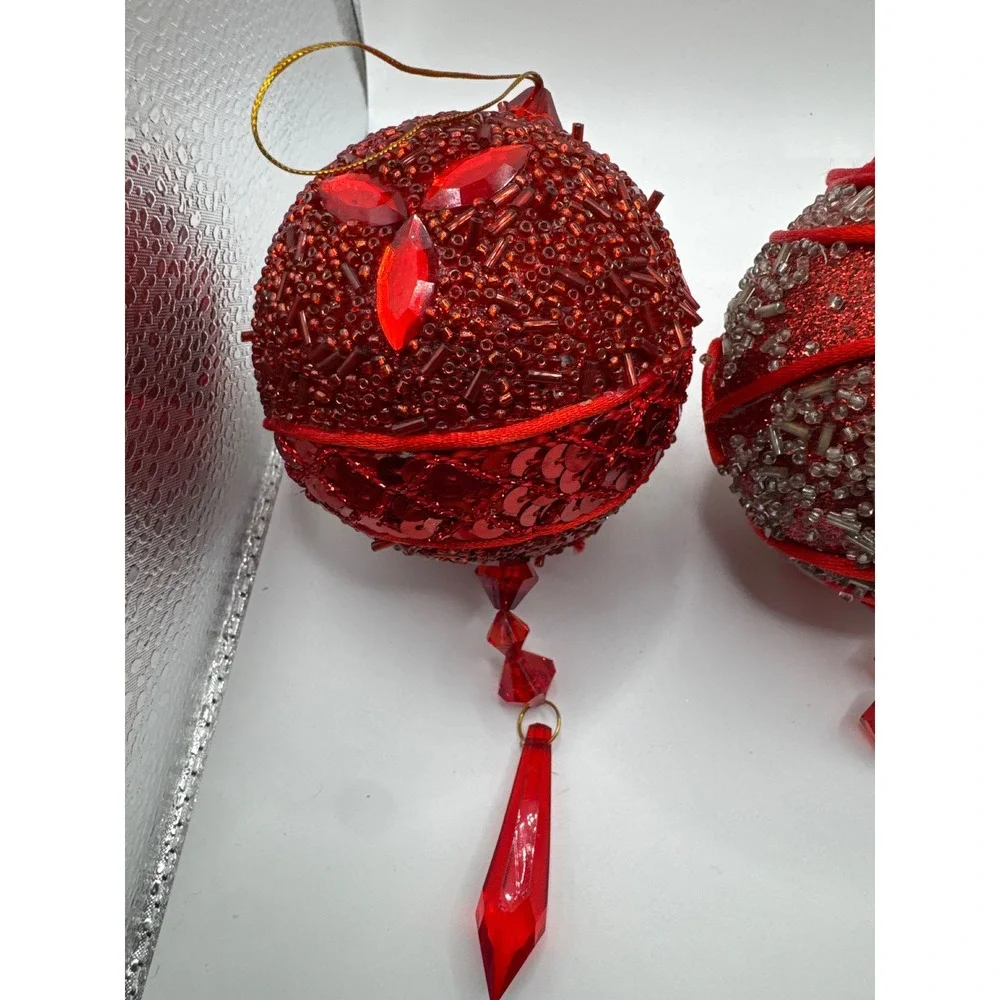 Red Beaded Christmas Ornaments Set of 3 Silver Accents Crystal Dangles